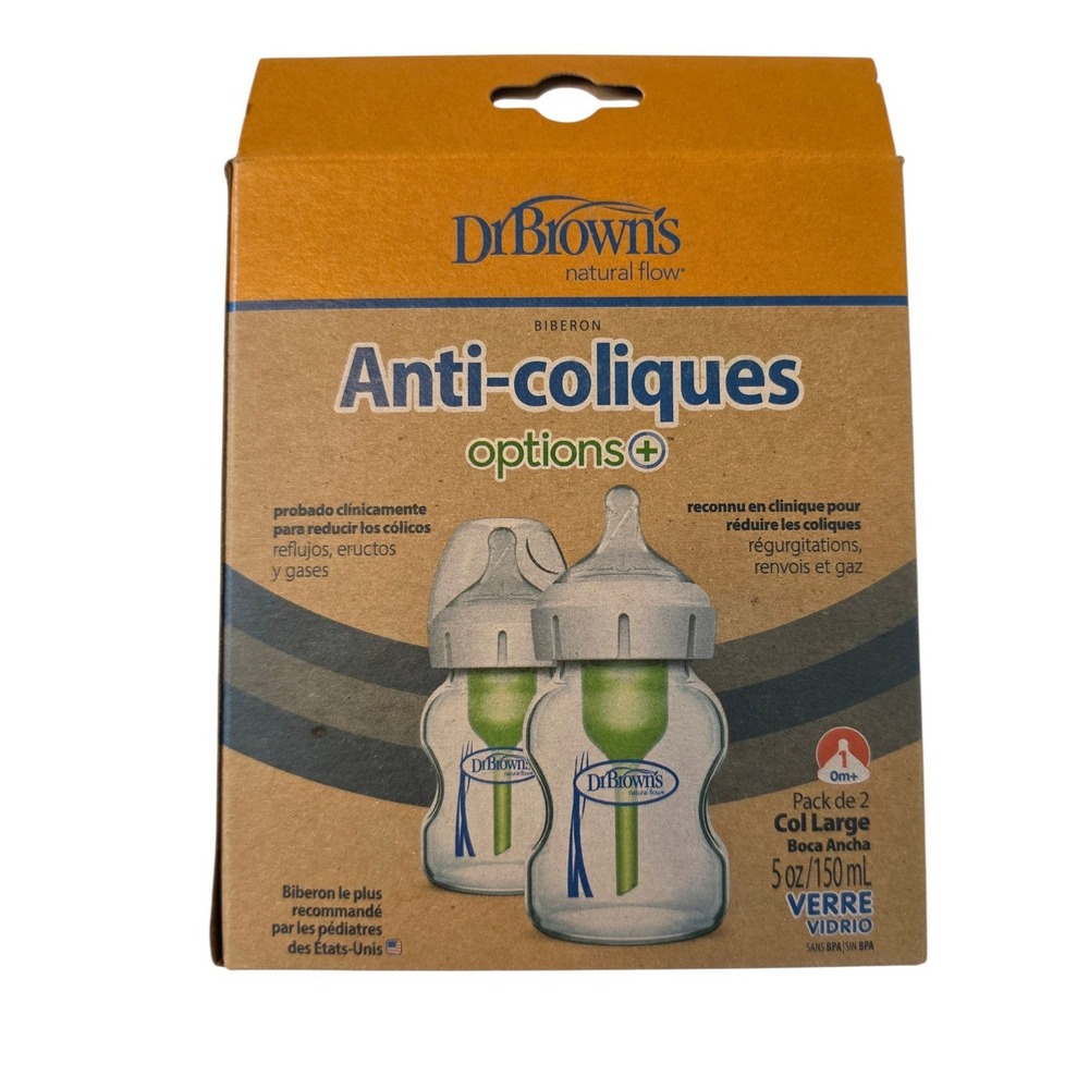 Dr Browns Options+ Anti-Colic Glass Baby Bottles 5oz 2 Pack Wide-Neck WB52700